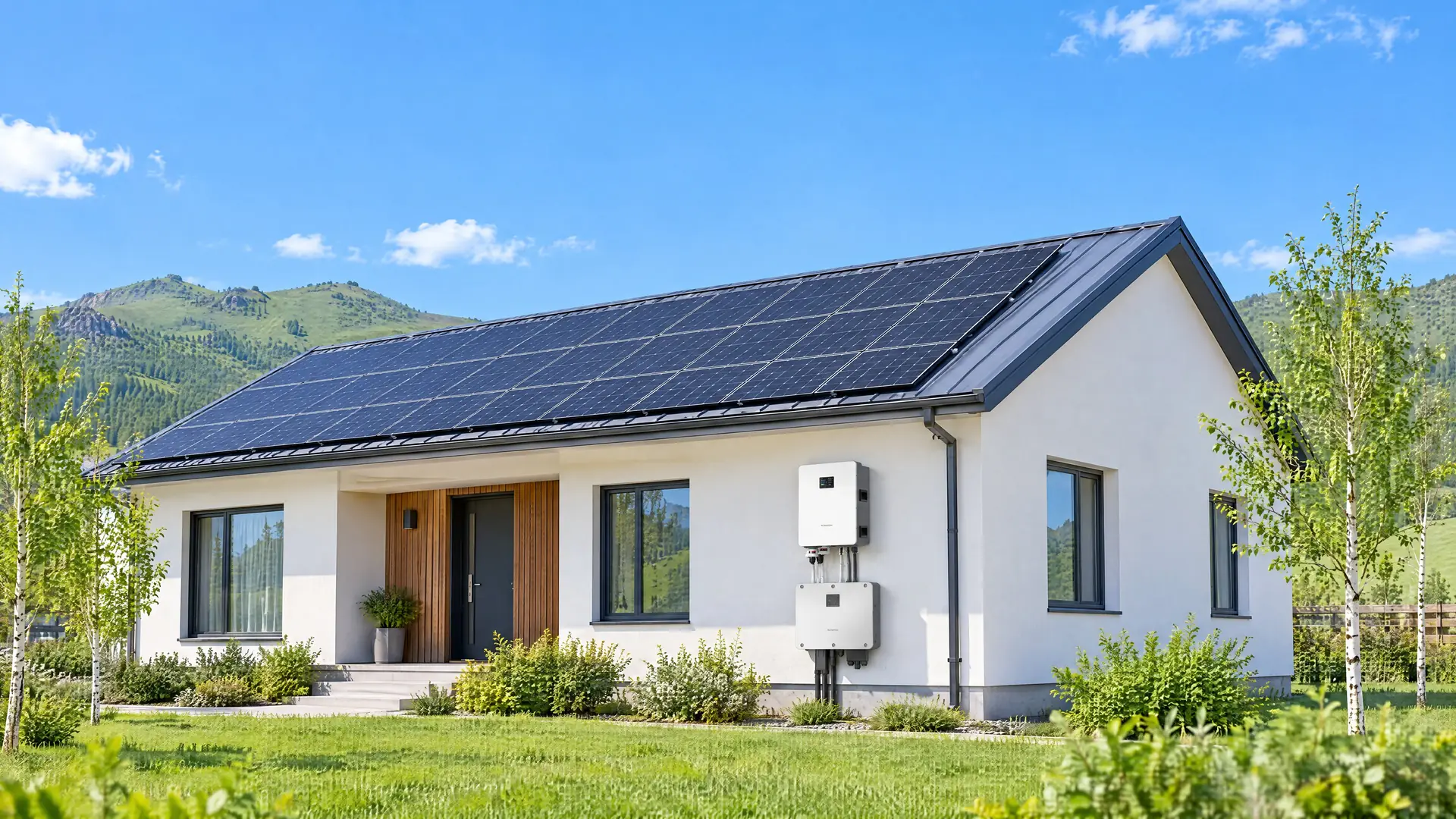 Дээвэр дээрээ Trina Solar хавтантай, хананд нь Sungrow батарей, инвертер суурилуулсан айлын байшин